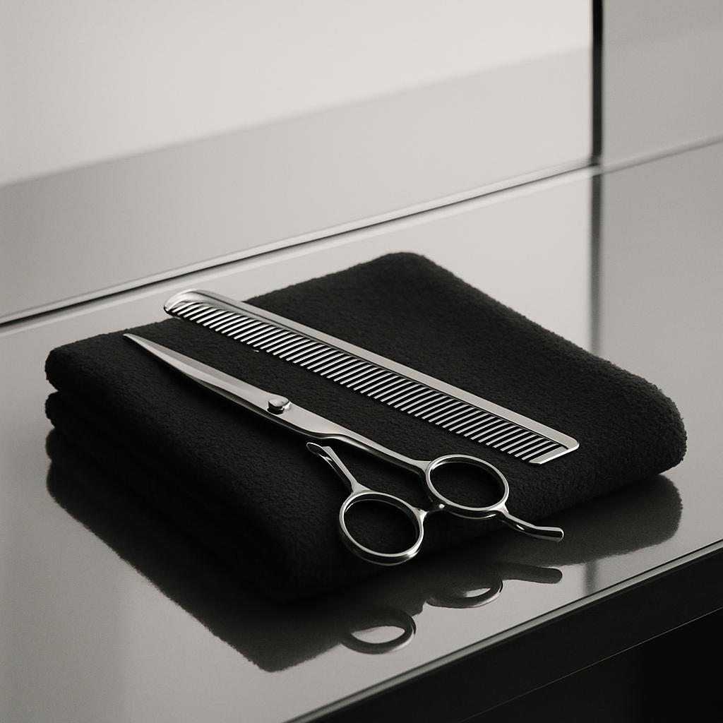 A shiny, black towel and a pair of scissors and a comb placed on a reflective surface.